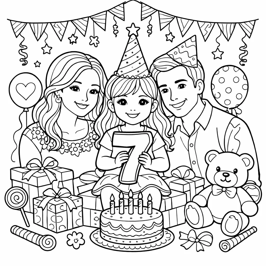 Familie feiert 7. Geburtstag eines Mädchens mit Torte, Geschenken und Luftballons