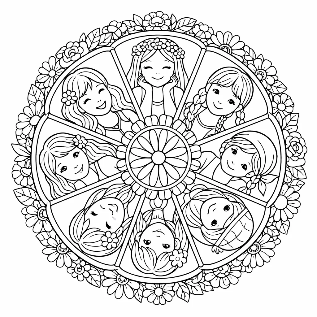 Mandala mit sieben Mädchenporträts in einem Blumenrad