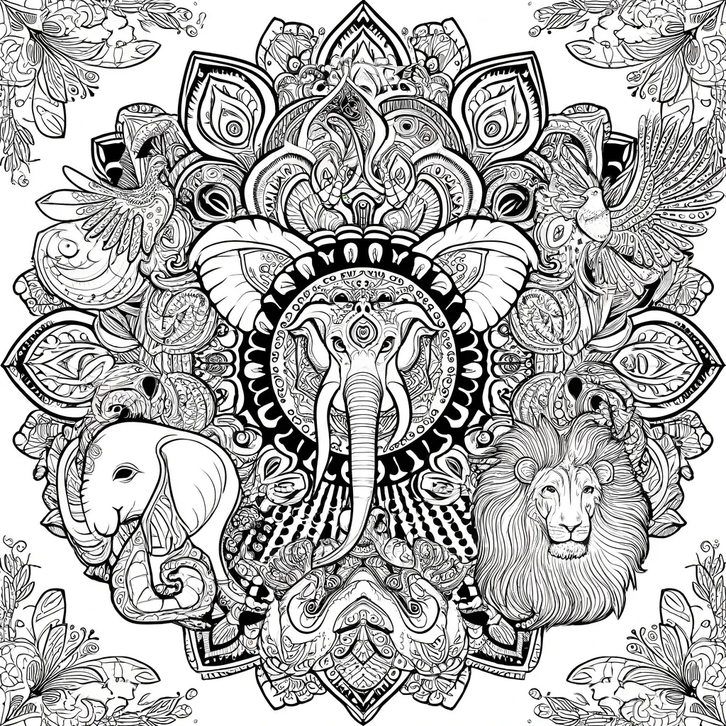 Mandala mit Elefant, Pfau und Löwe