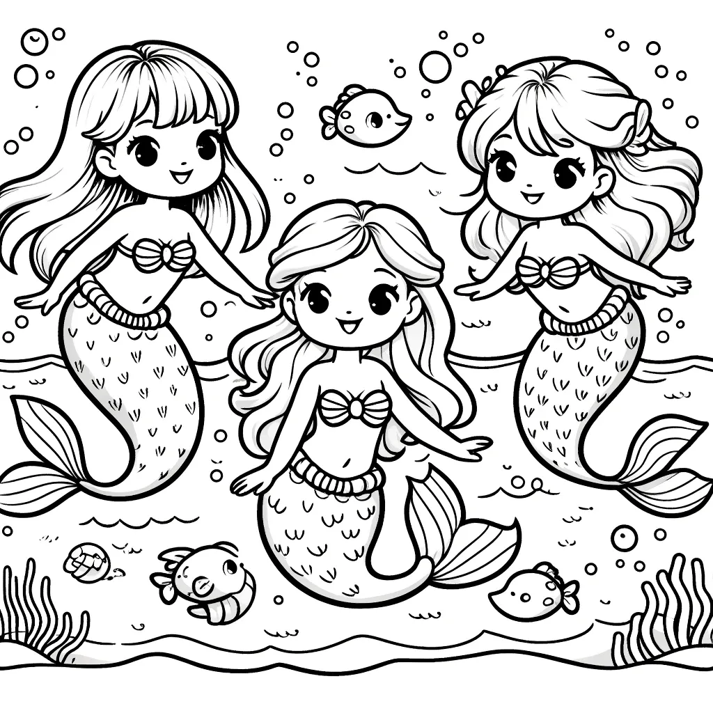 Gruppe von drei Meerjungfrauen spielen im Ozean