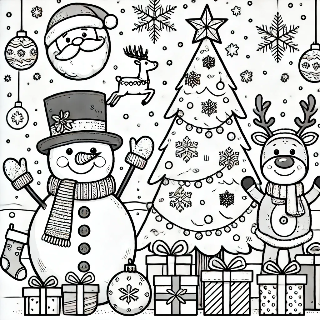 Schneemann und Rentier mit Geschenken unterm Baum