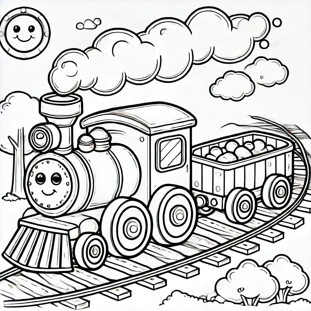 Lächelnde Dampflok mit Güterwagen auf Schienen