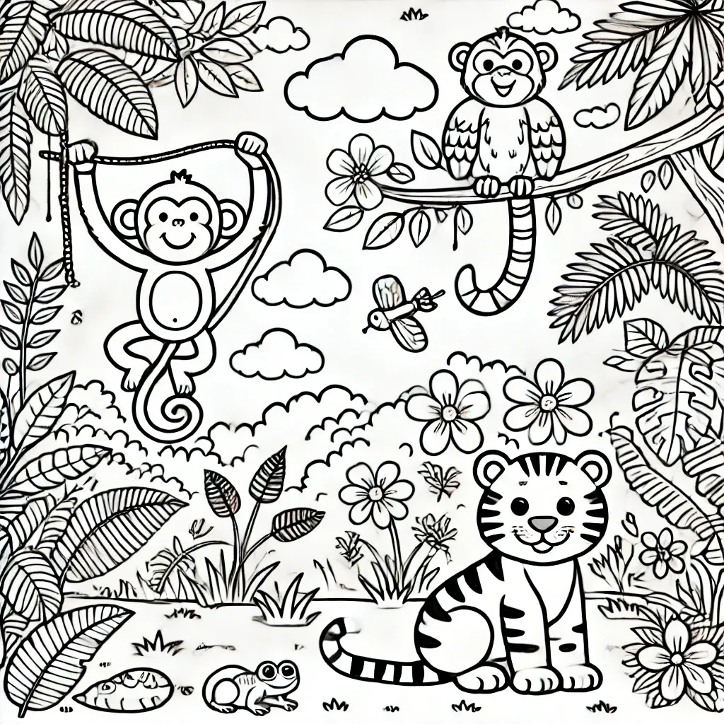 Affen und Tigerjunges im üppigen Dschungel