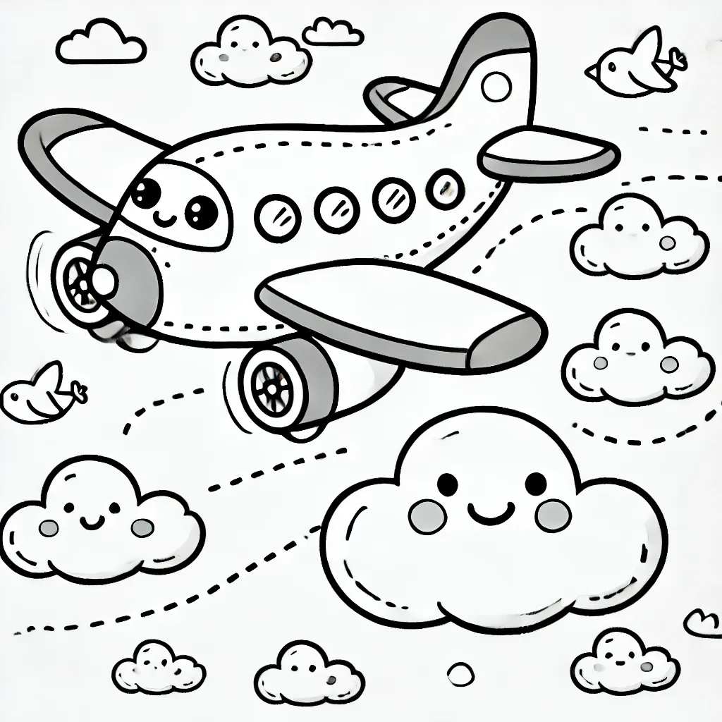 Lachendes Flugzeug umgeben von fröhlichen Wolken und kleinen Vögeln