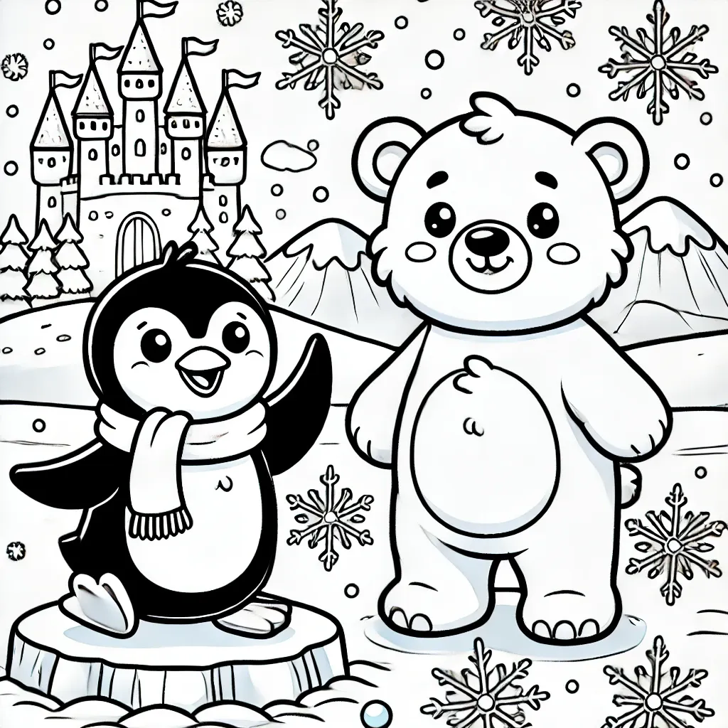 Pinguin und Eisbär vor Schloss im Schnee