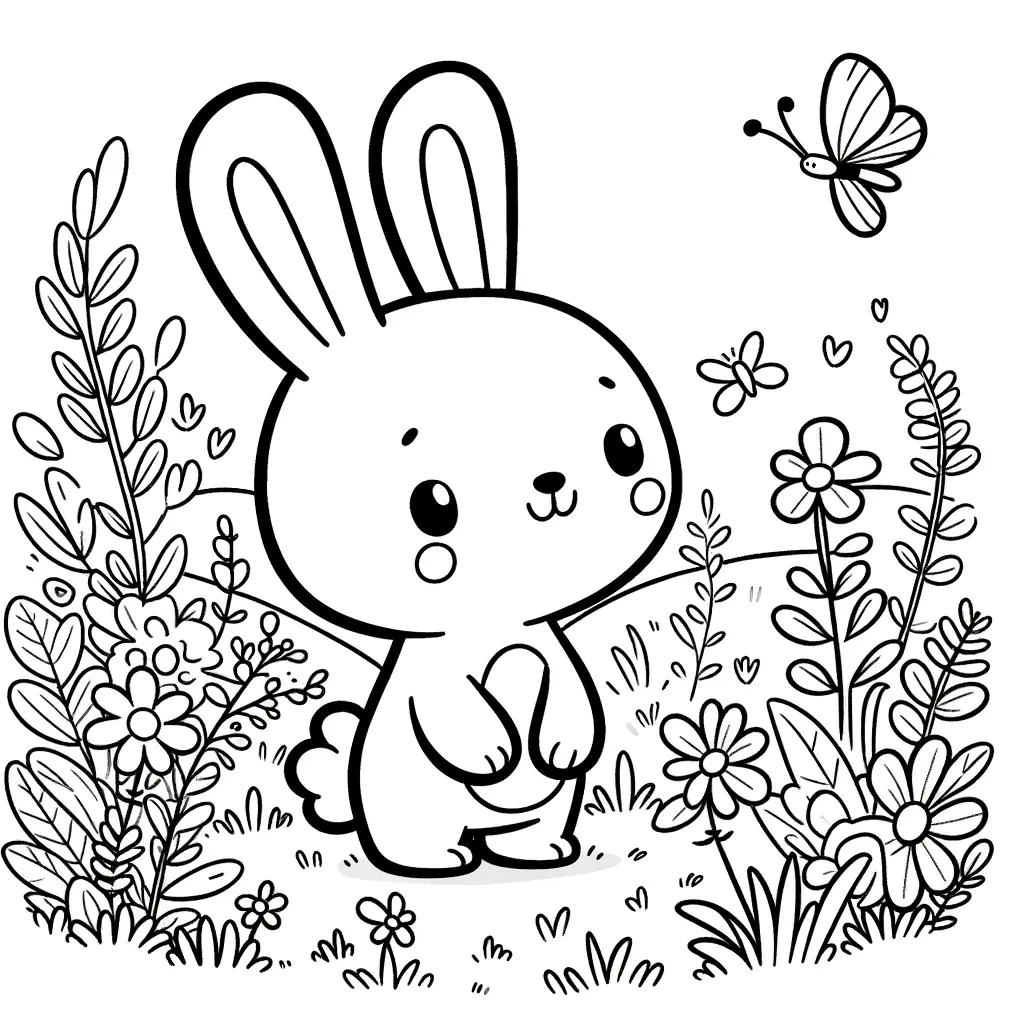 Niedlicher Hase auf Blumenwiese mit Schmetterling