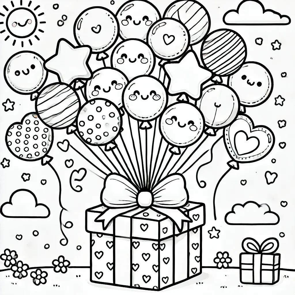 Fröhliche Luftballons mit Gesichtern an einem Geschenk gebunden