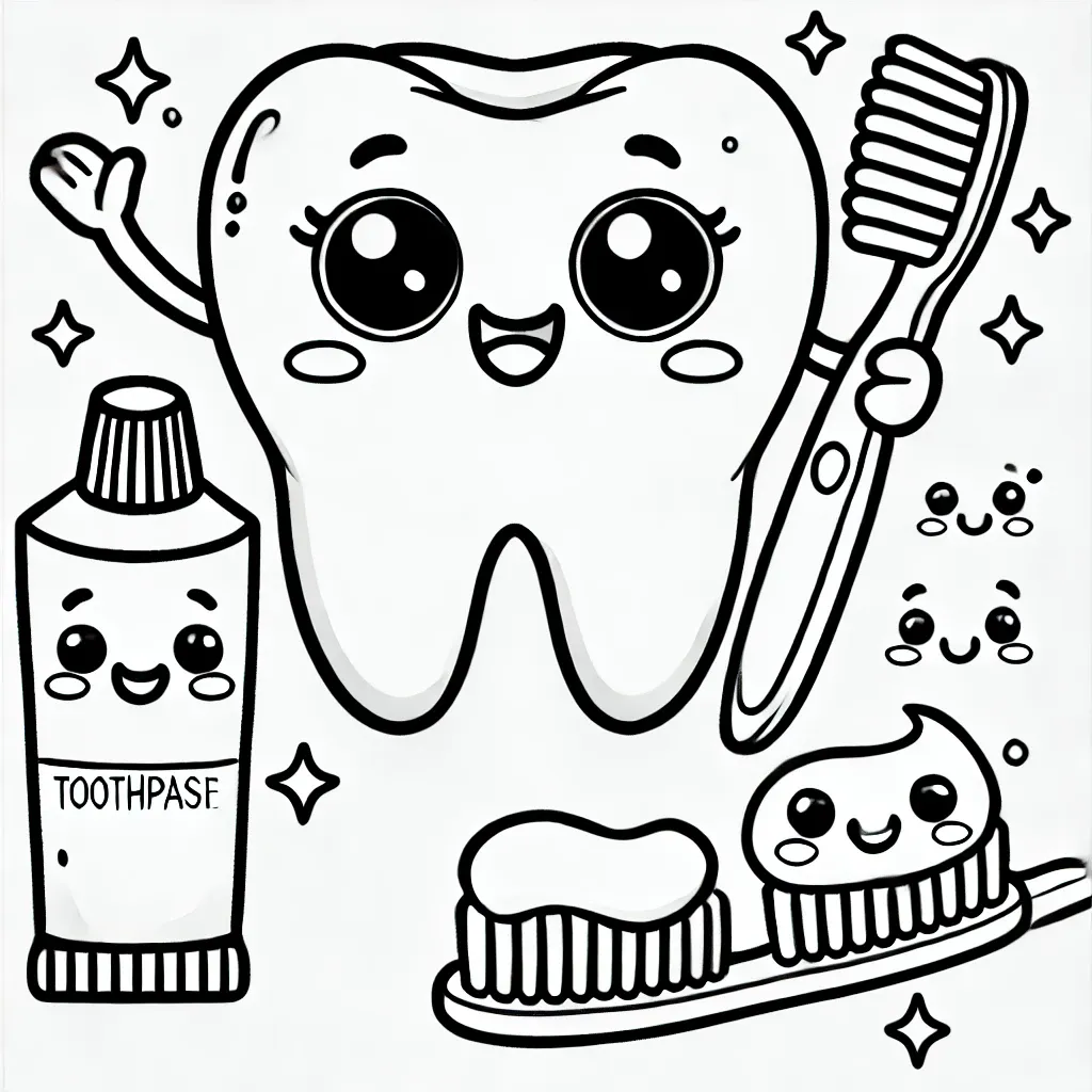 Ausmalbild: Fröhlicher Zahn und Zahnpflege