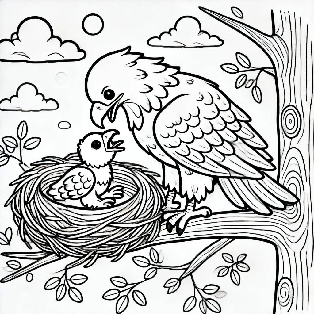 Adler-Mutter und Küken zusammen im Nest auf einem Ast