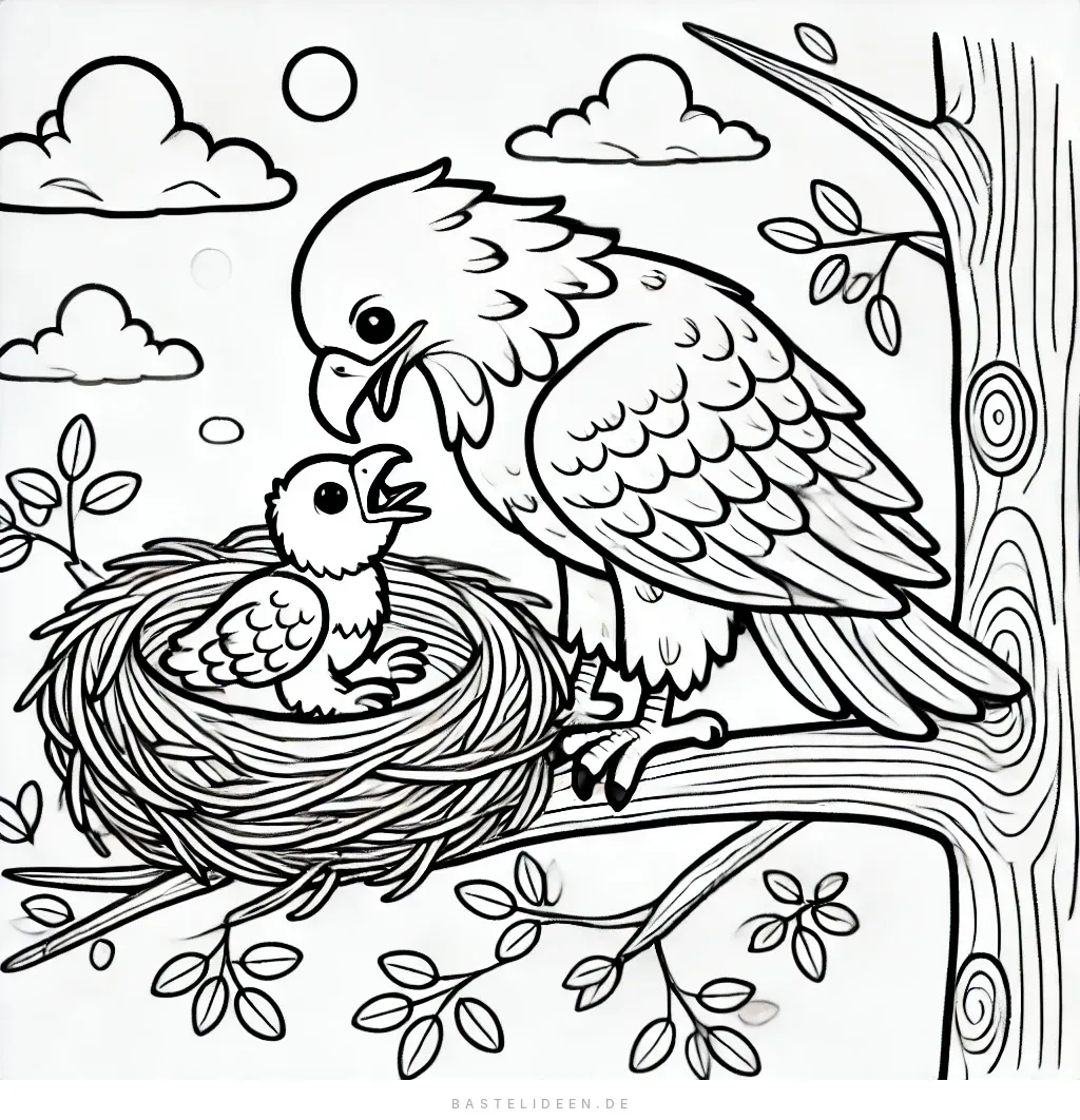 Adler-Mutter und Küken zusammen im Nest auf einem Ast