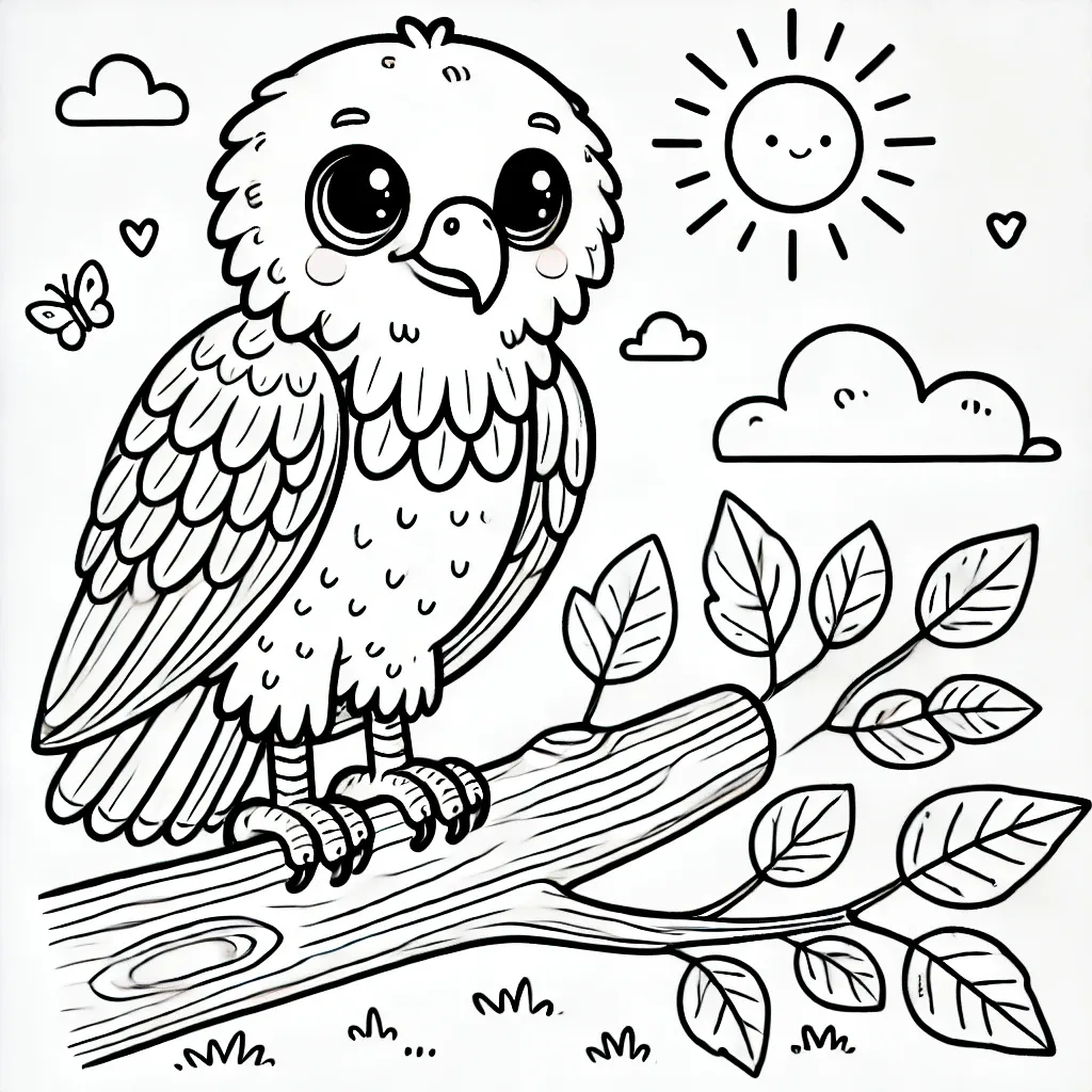 Süsser Adler auf Ast mit Blättern und lächelnder Sonne