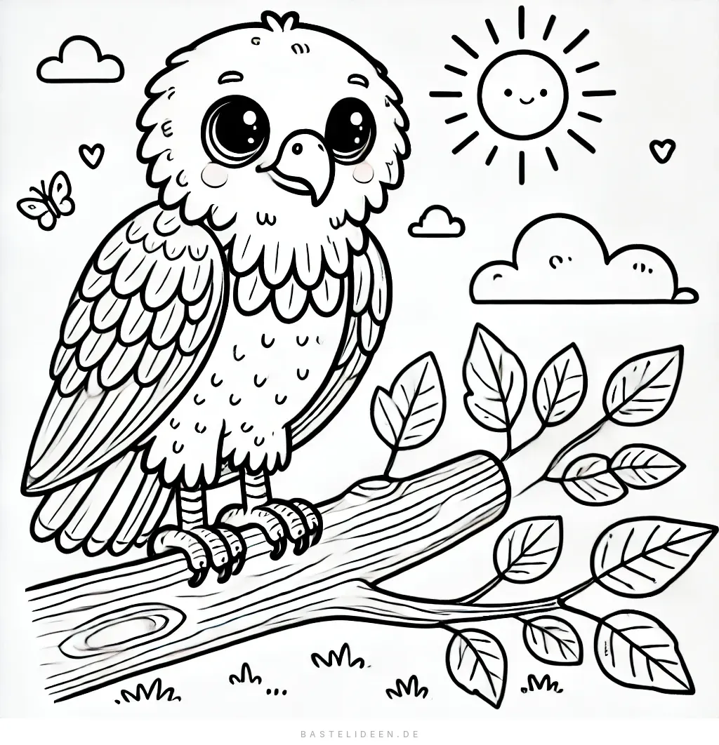 Süsser Adler auf Ast mit Blättern und lächelnder Sonne