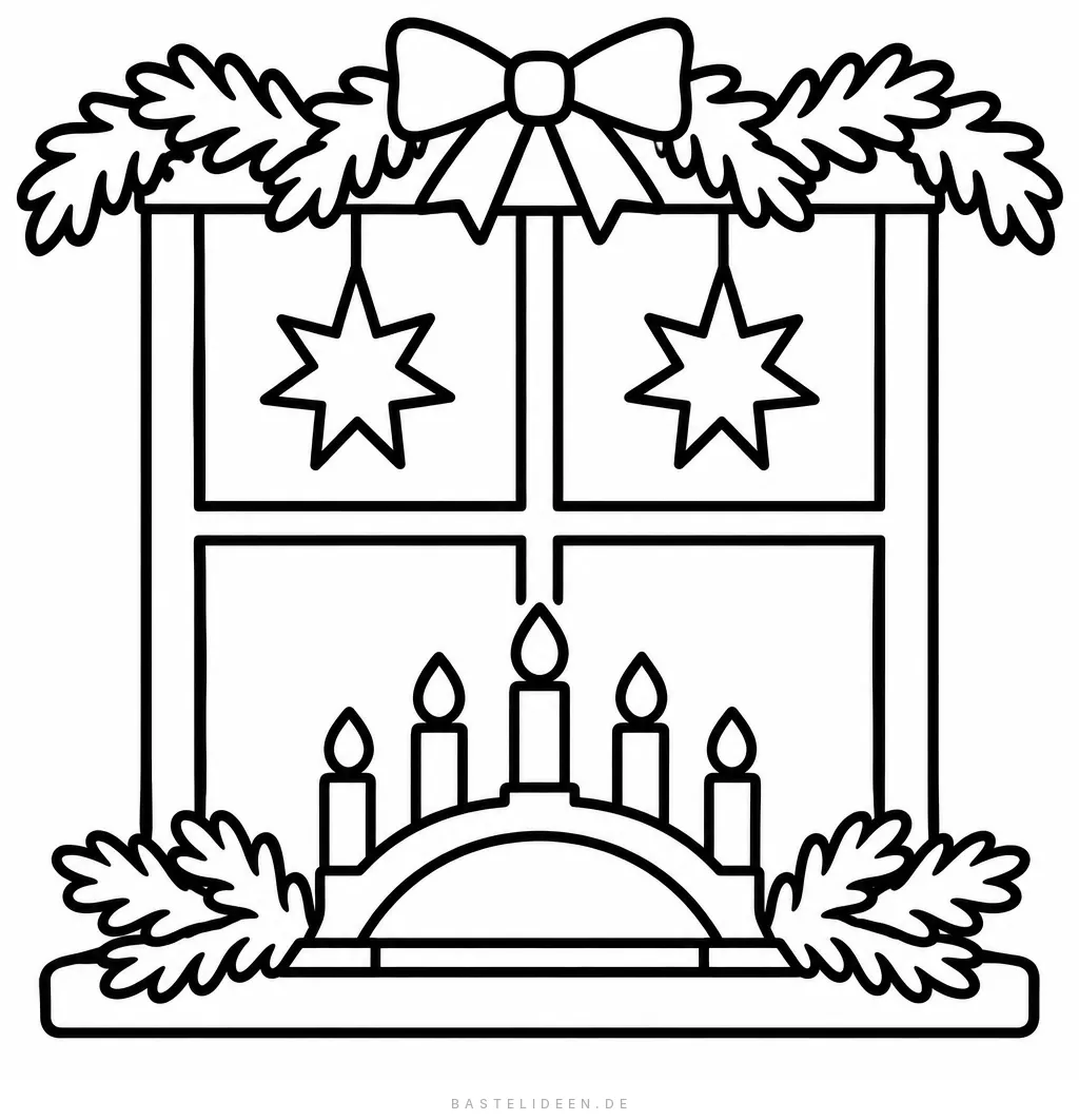 Fenster mit Papiersternen, Schwibbogen und Tannengirlande