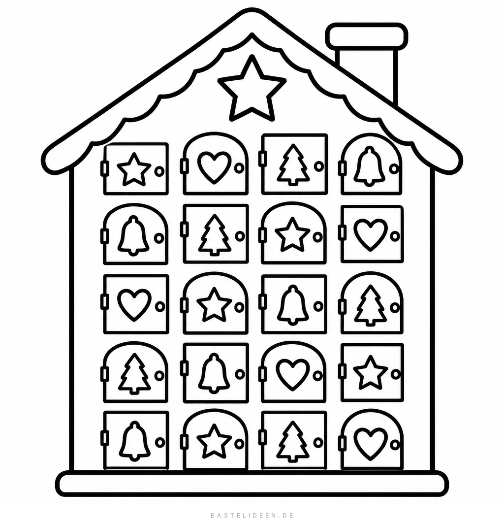 Adventskalender-Haus mit Türchen, verziert mit Sternen, Herzen, Tannen und Glocken