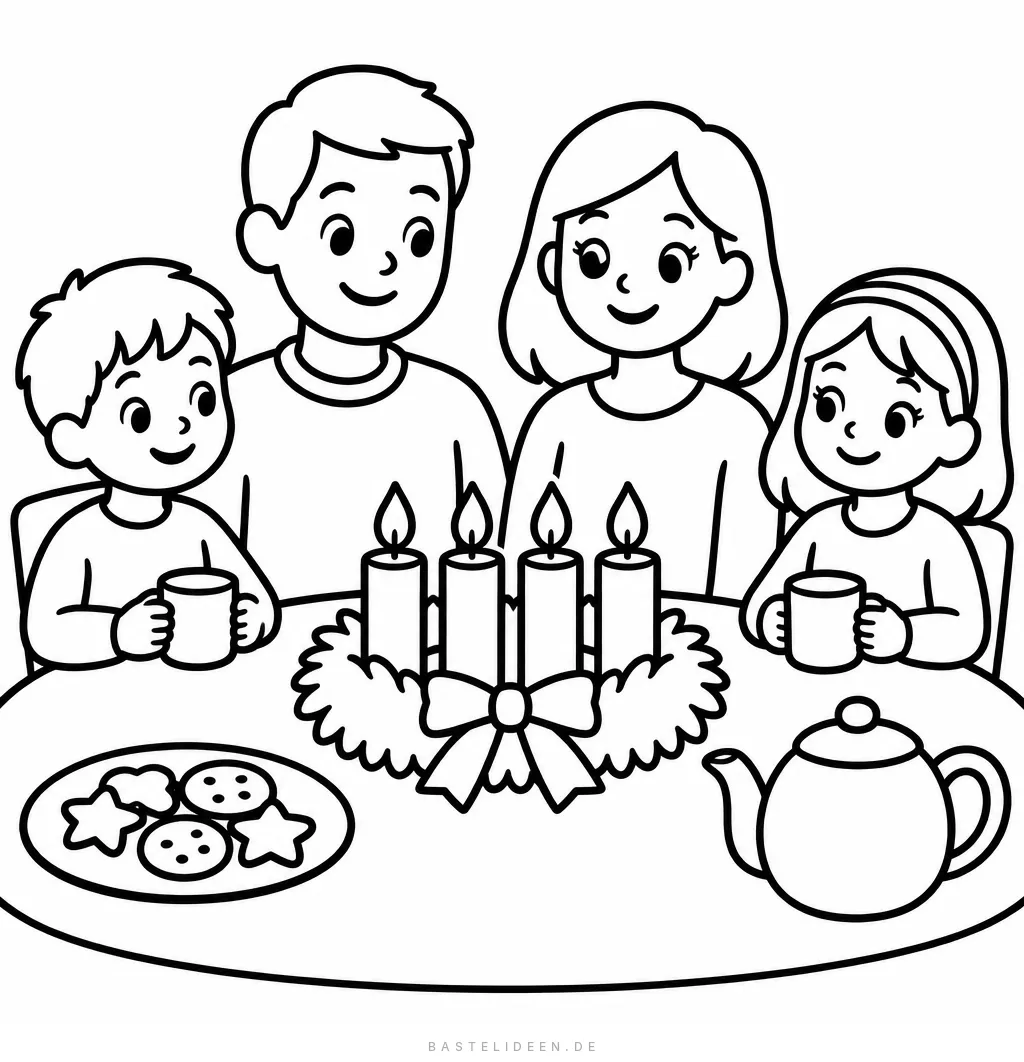 Familie sitzt am Tisch mit Adventskranz, Plätzchen und Teekanne