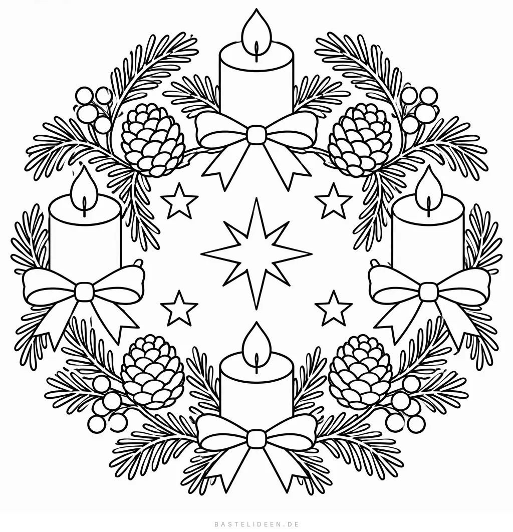 Adventskranz von oben mit vier Kerzen, Tannenzweigen, Zapfen, Beeren und Sternen