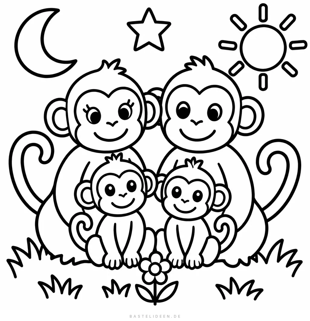 Affenfamilie mit zwei Jungen auf einer Wiese mit Sonne, Mond und Stern