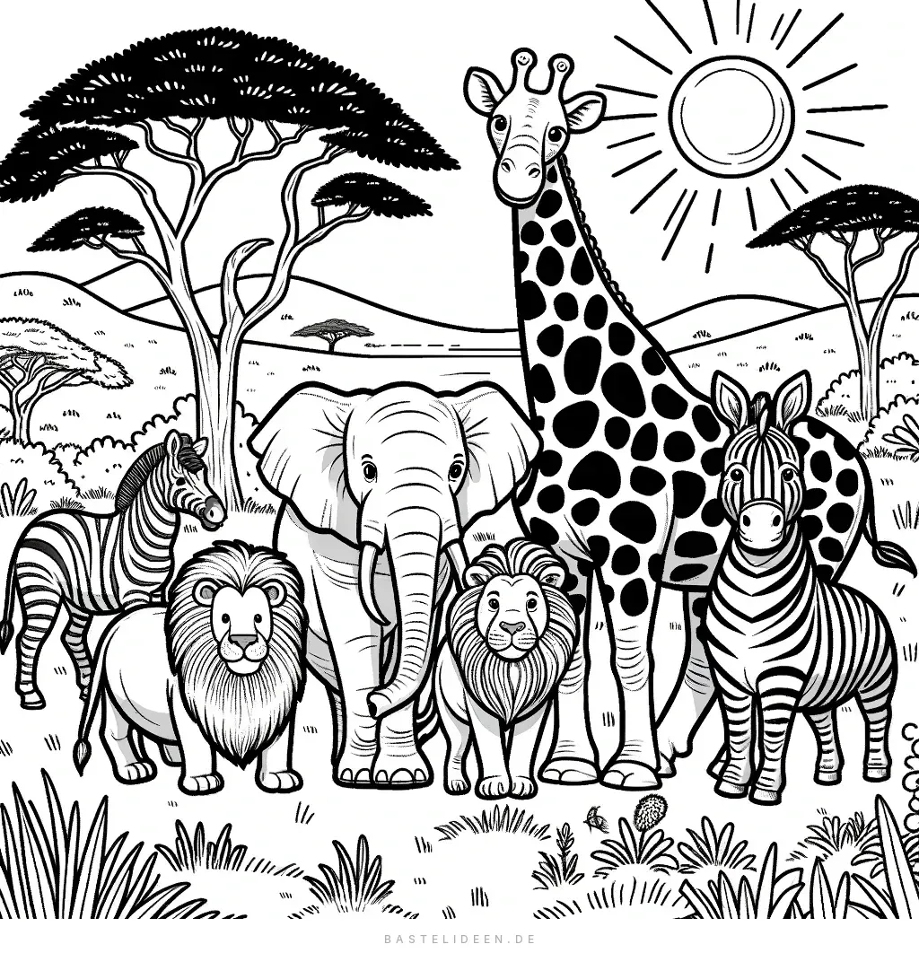 Safari-Tiere mit Elefant und Giraffe unter Akazienbäumen