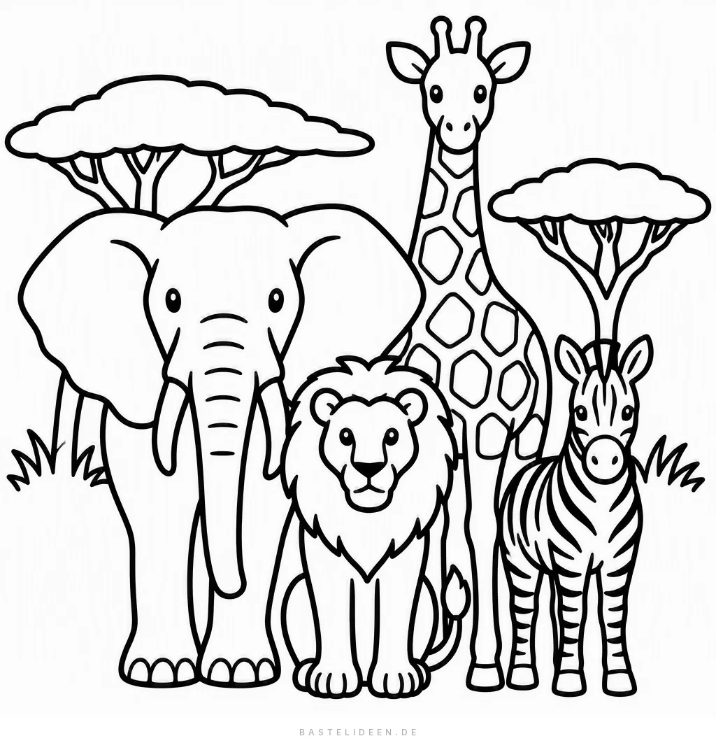 Elefant, Giraffe, Löwe und Zebra vor Akazienbäumen
