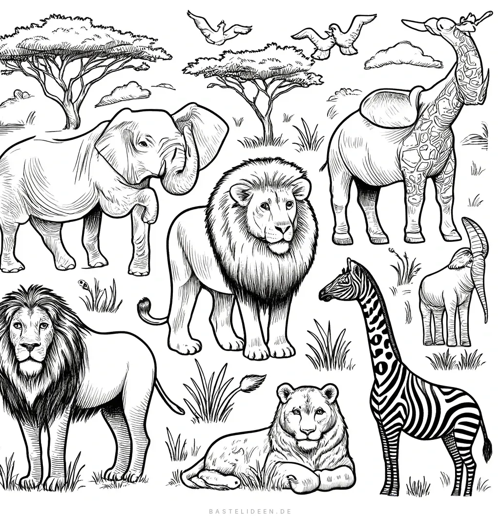 Elefanten, Löwen, Giraffen und Zebras in der Savanne