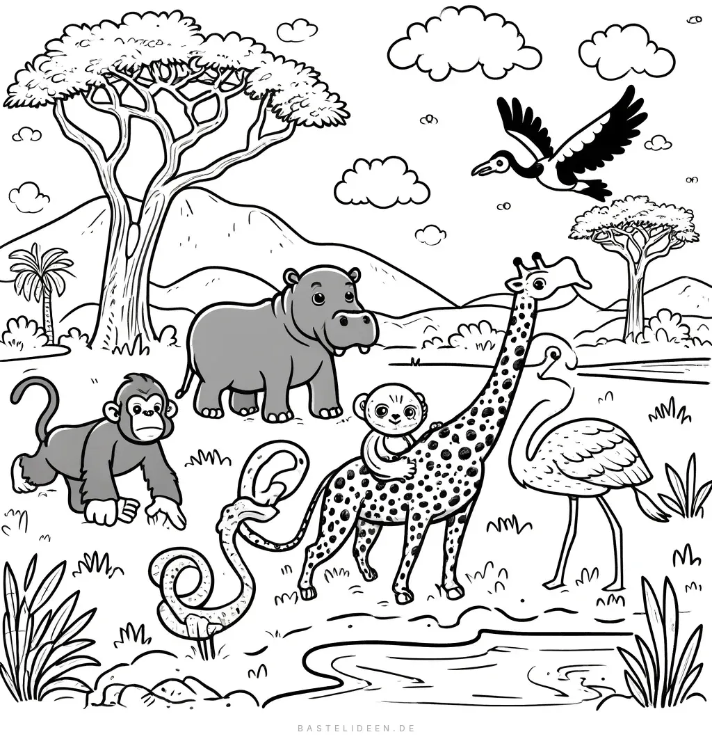 Nilpferd, Giraffe, Affe und Flamingo am Wasserloch