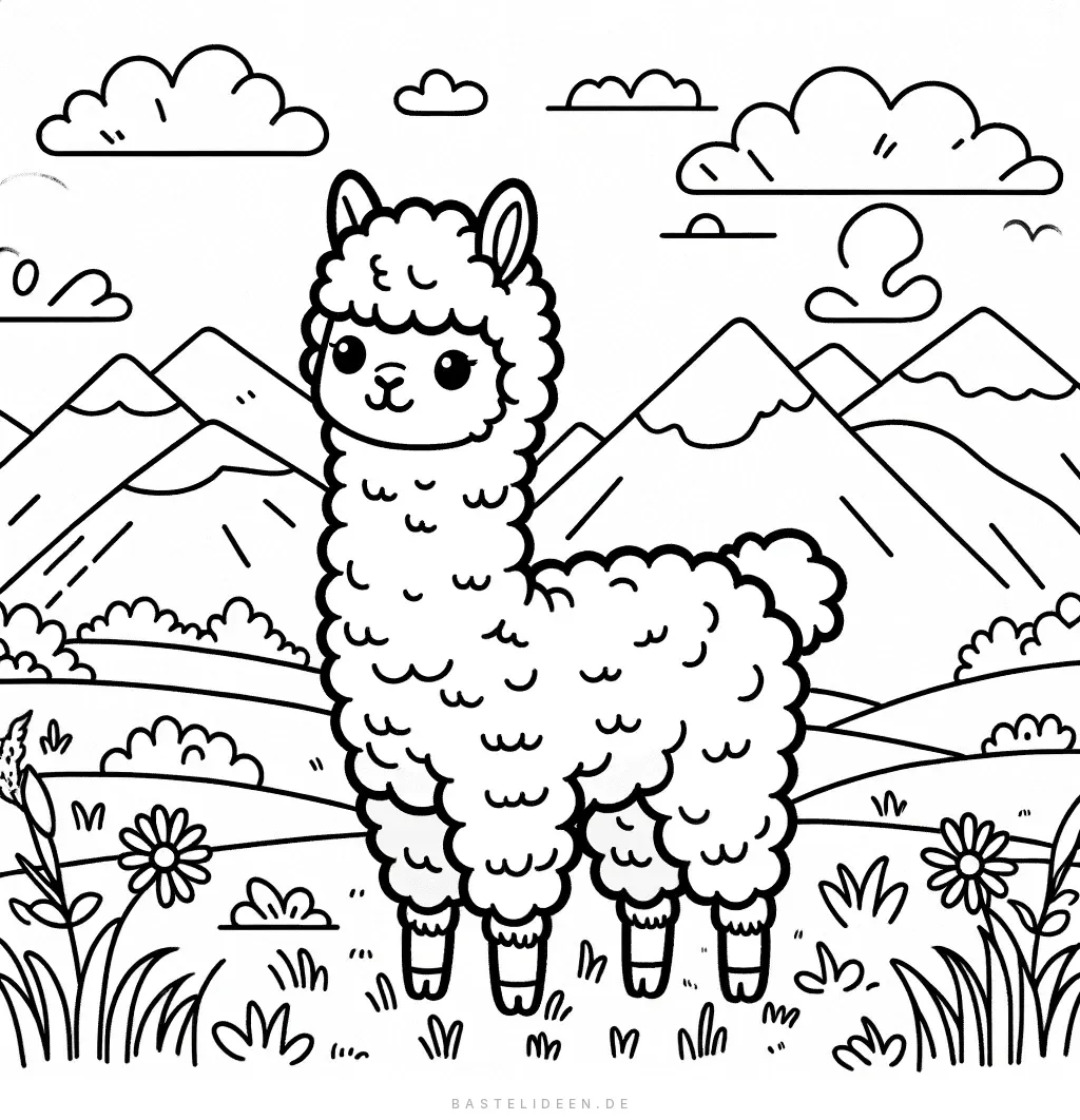 Niedliches Alpaka in malerischer Berglandschaft mit Blumen
