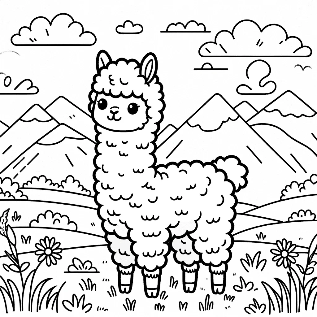 Niedliches Alpaka in malerischer Berglandschaft mit Blumen