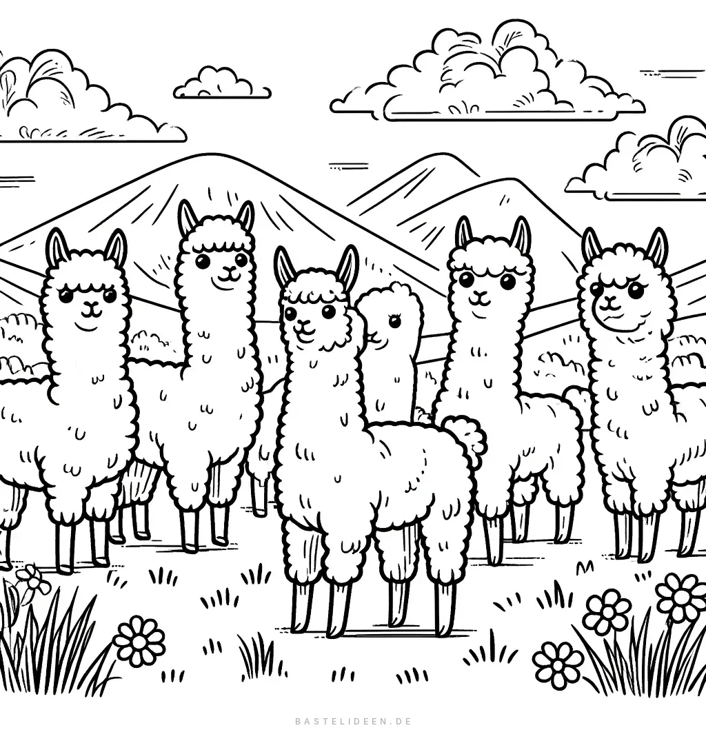 Alpakaherde in malerischer Berglandschaft mit Hügeln