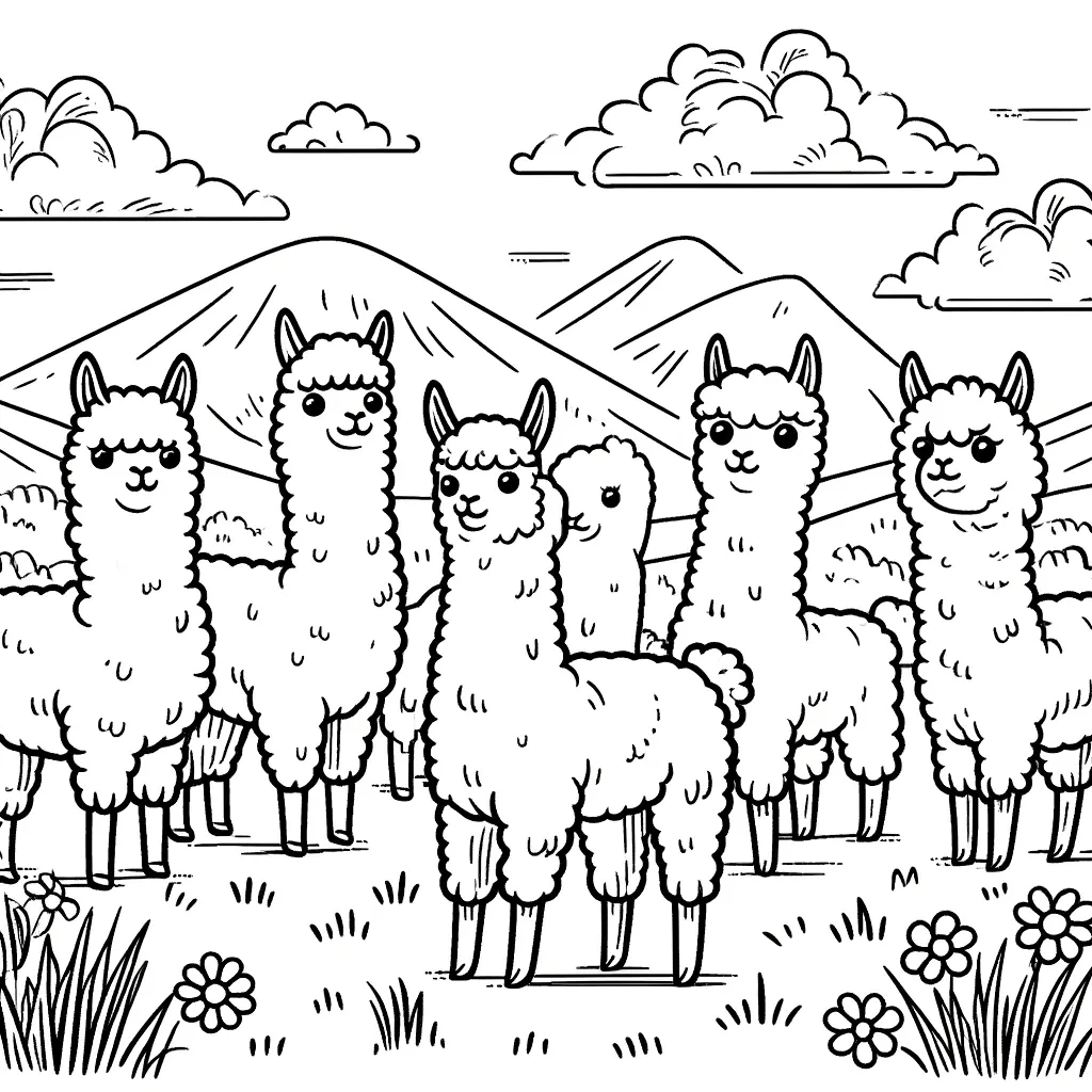 Alpakaherde in malerischer Berglandschaft mit Hügeln