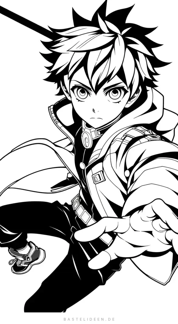 Anime-Krieger in dynamischer Kampfpose mit High-Tech-Ausrüstung