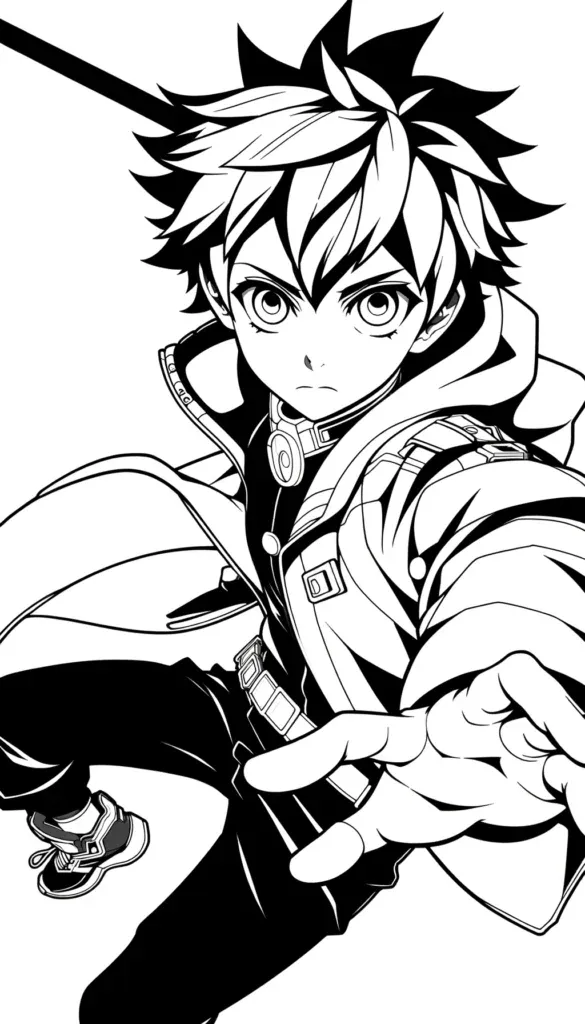 Anime-Krieger in dynamischer Kampfpose mit High-Tech-Ausruestung