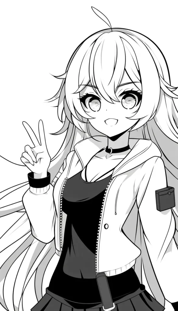 Fröhliches Anime-Mädchen mit Peace-Zeichen und fliessendem Haar