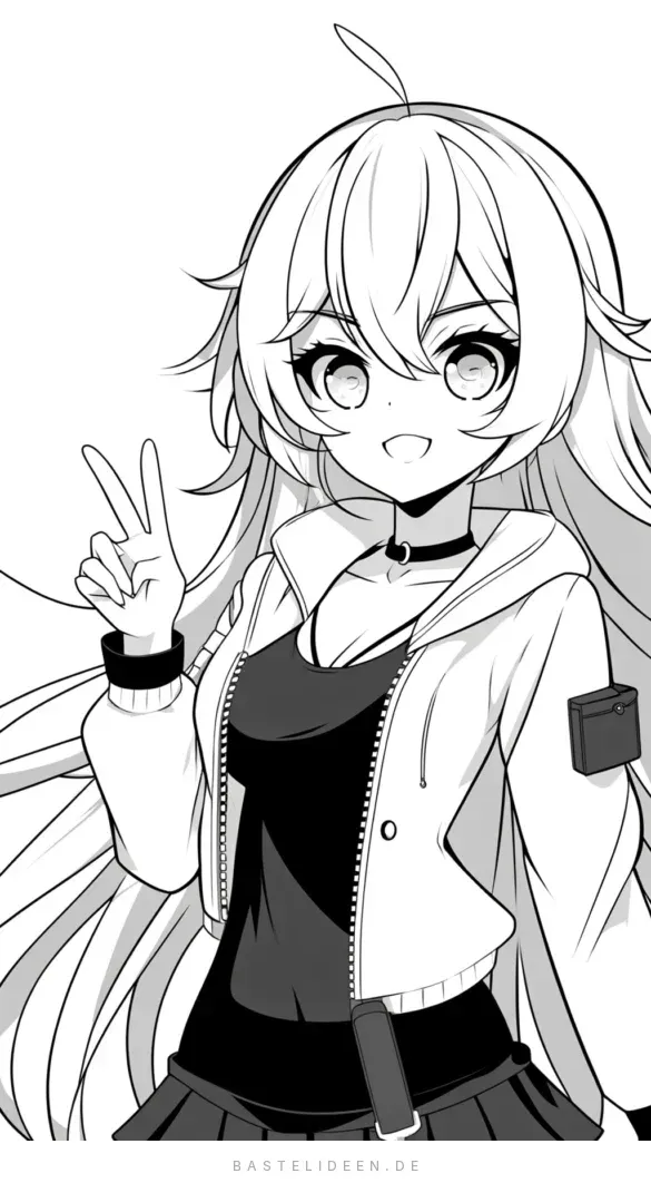 Fröhliches Anime-Mädchen mit Peace-Zeichen und fliessendem Haar