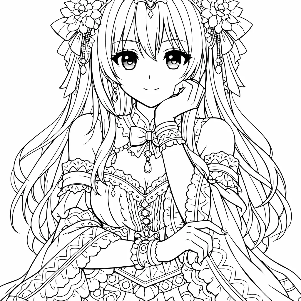 Anime Maedchen mit Blumen im Haar und verziertem Kleid