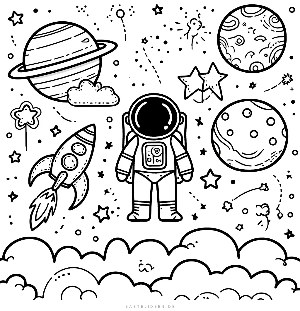 Astronaut auf Wolken mit Rakete, Saturn und Sternen