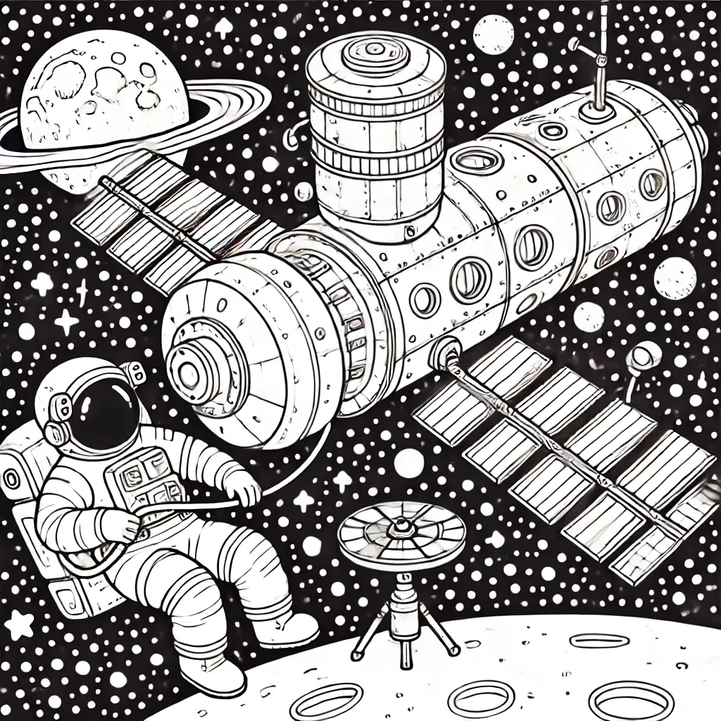 Astronaut schwebt an Raumstation mit Solarpaneelen