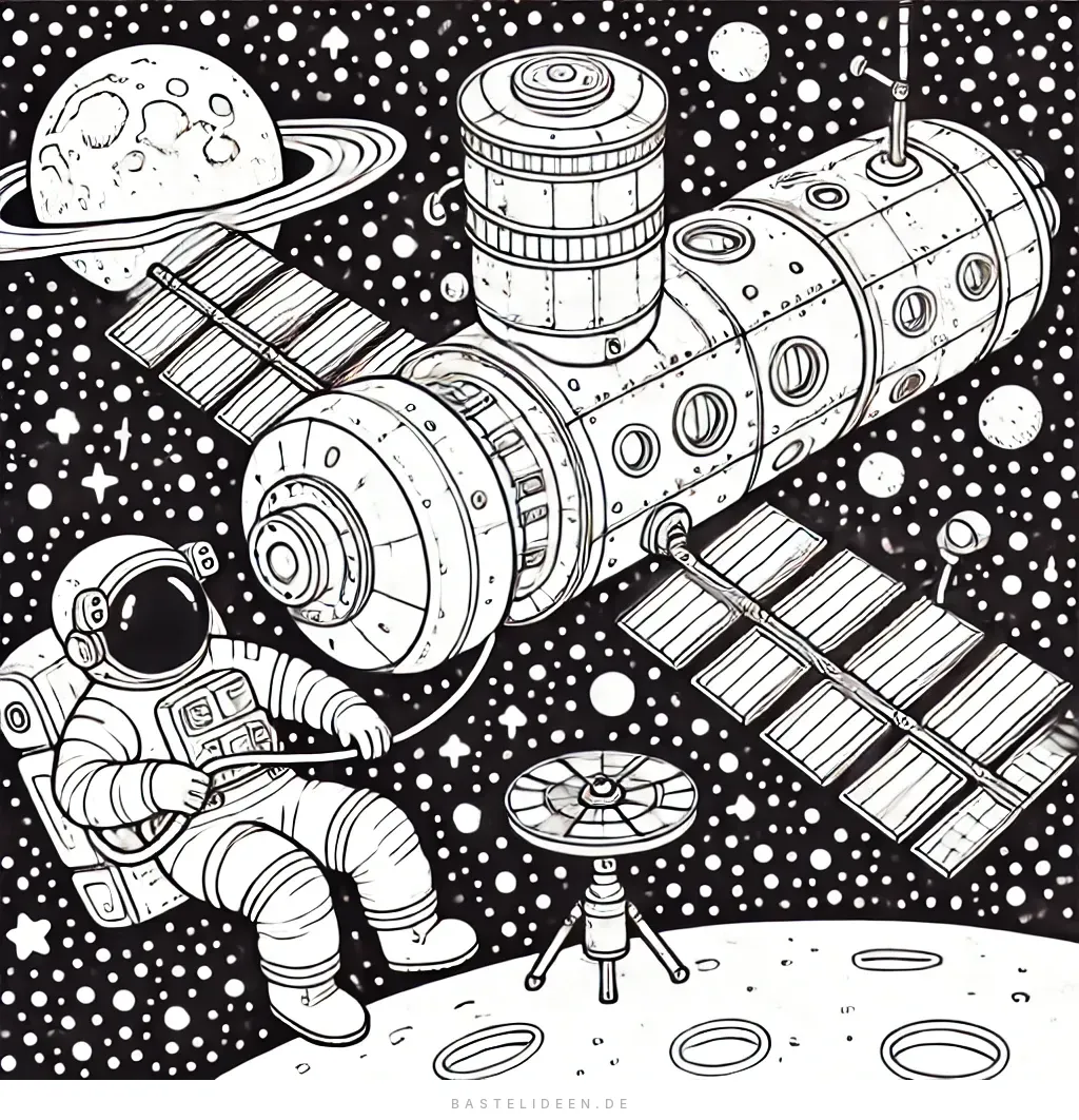 Astronaut schwebt an Raumstation mit Solarpaneelen