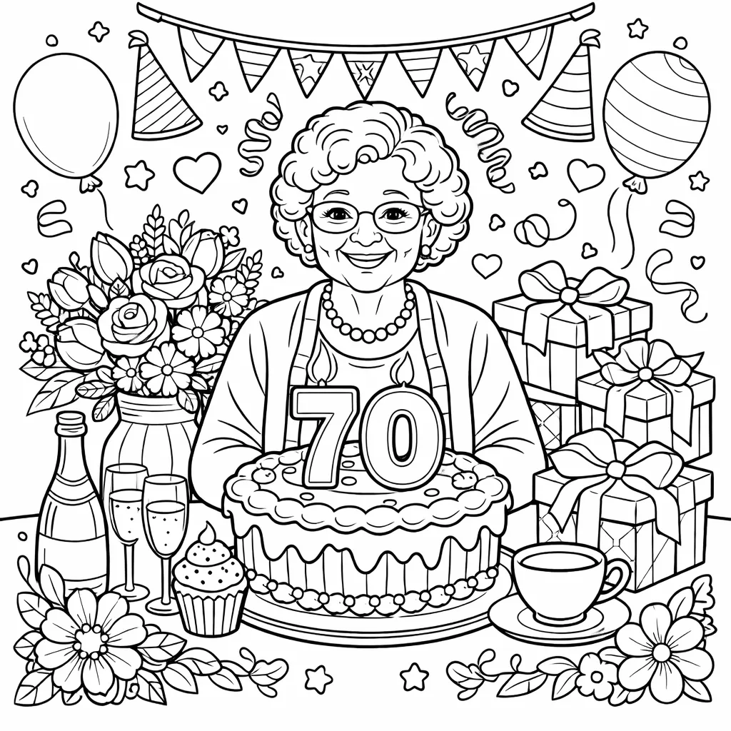 Lächelnde Oma mit Brille zum 70. Geburtstag mit Torte, Blumen und Geschenken