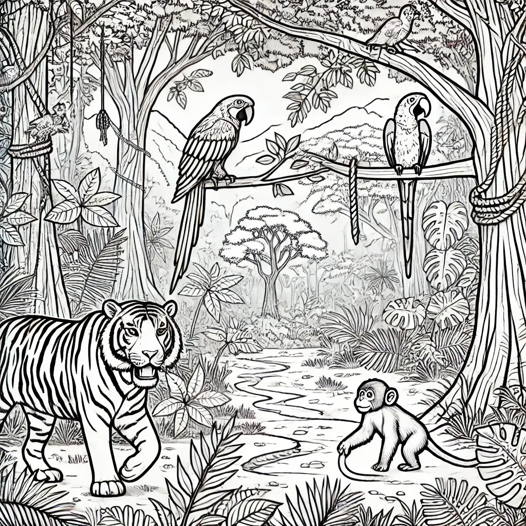 Tiger, Affe und Papageien im lebhaften Dschungel