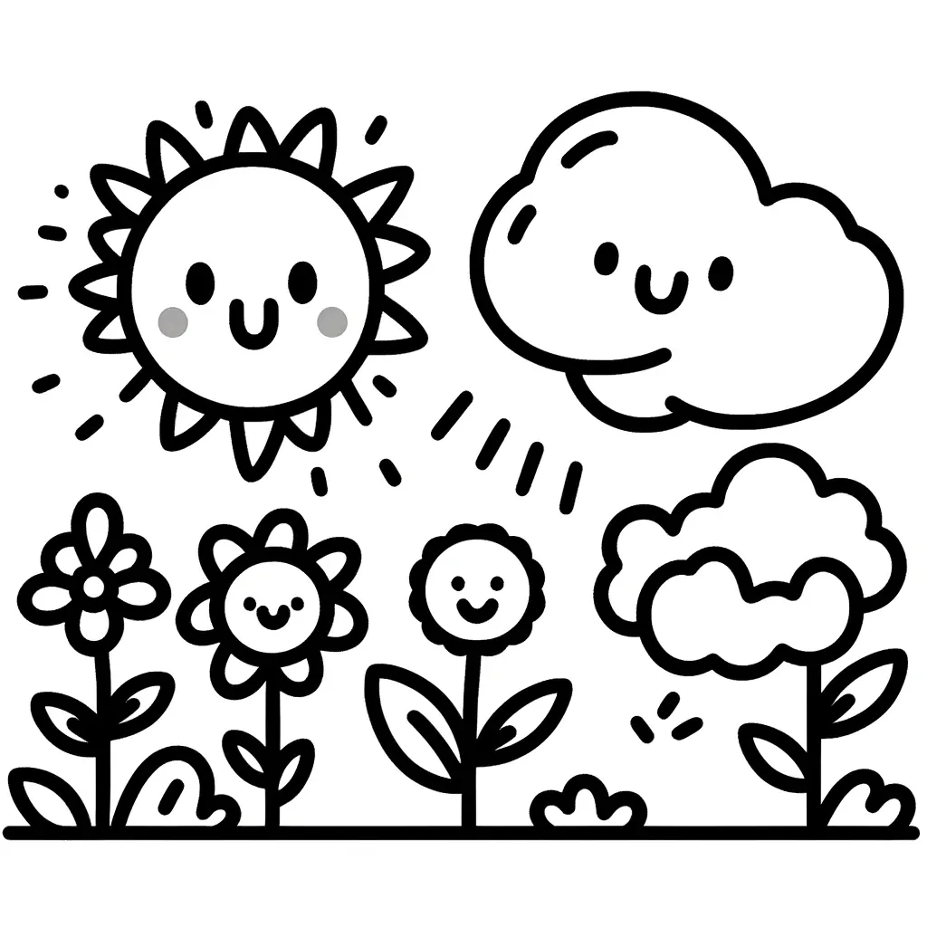 Lächelnde Sonne, fröhliche Wolke und glückliche Blumen