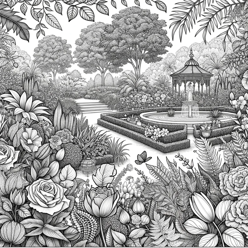 Gartenszene mit Springbrunnen, Pavillon und Blumen