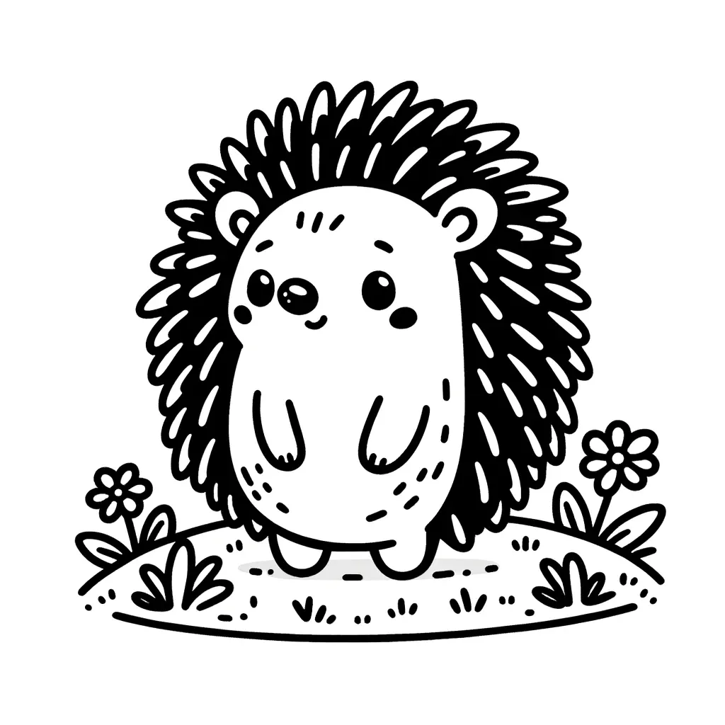 Runder Igel mit Stacheln steht zwischen zwei Blumen auf Gras