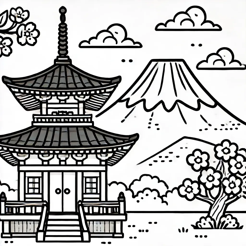 Traditioneller japanischer Tempel vor Berg Fuji mit Kirschblueten
