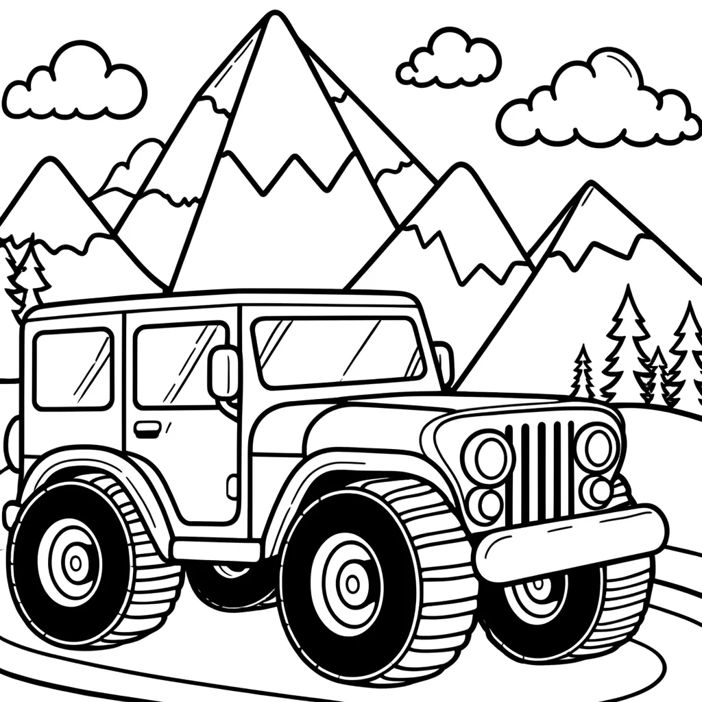 Jeep auf Bergpfad mit Tannen und Wolken