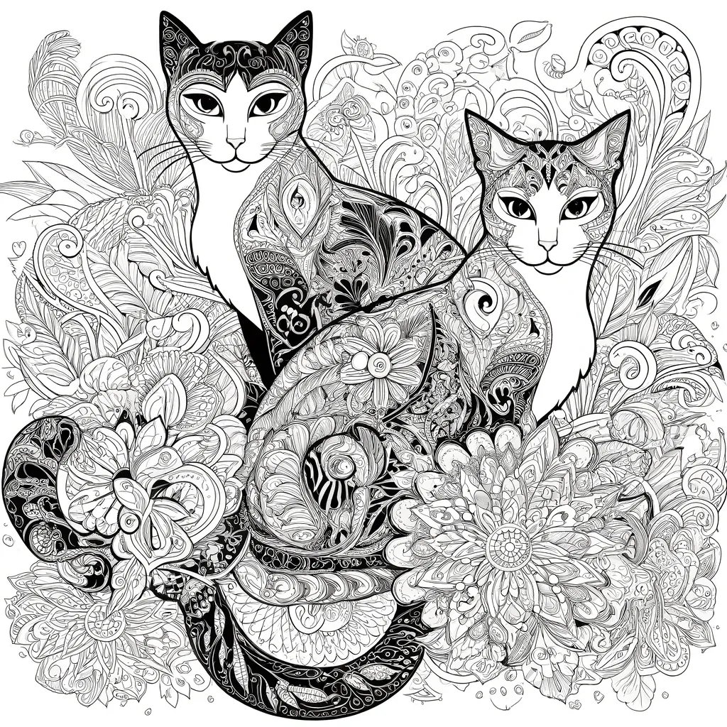 Zwei elegante Katzen umgeben von floralen Mustern