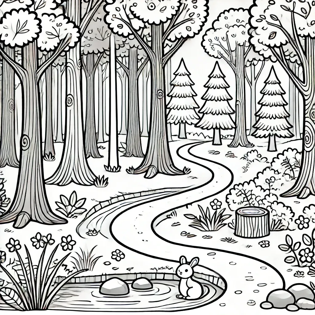 Verwunschener Waldweg mit Bäumen und Haeschen am Teich