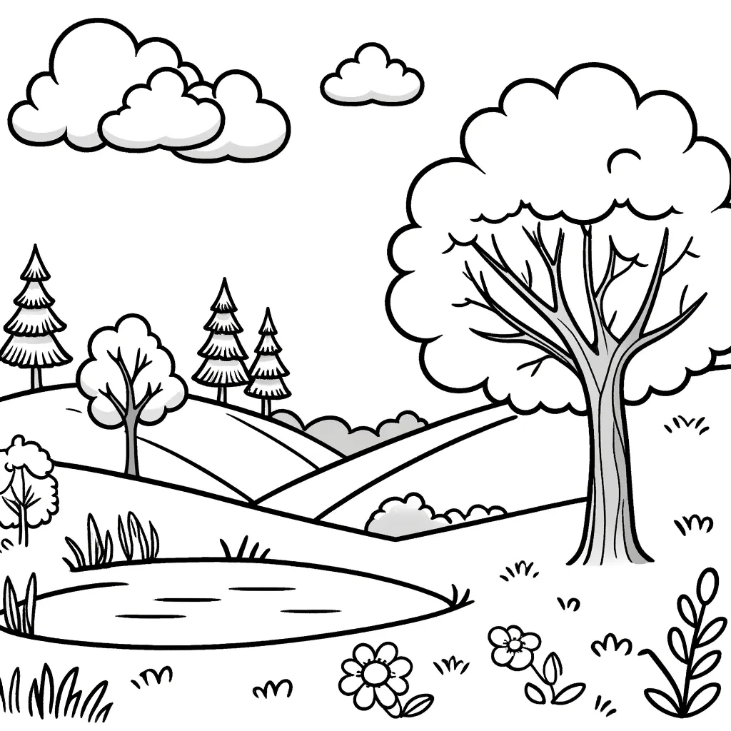 Sanfte Hügel mit Teich und Bäumen