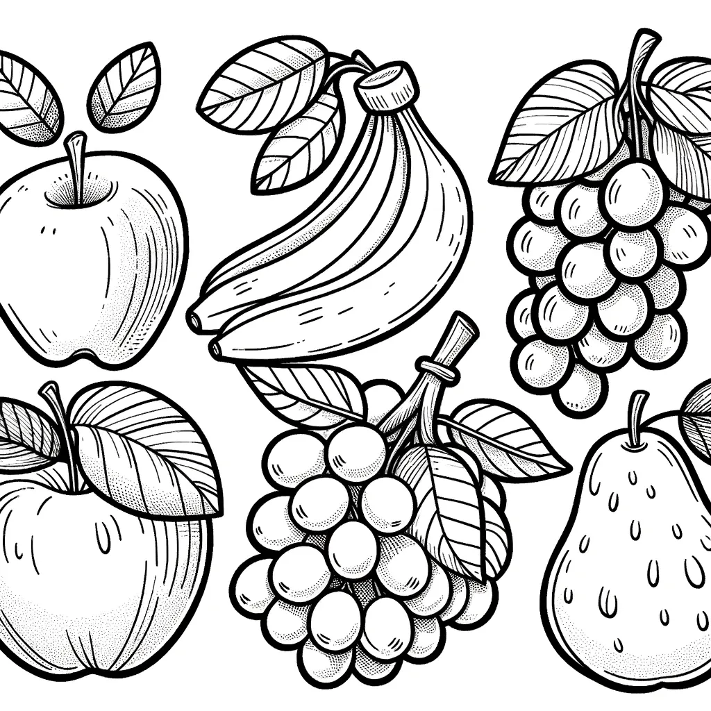 Äpfel, Bananen, Trauben und Birne