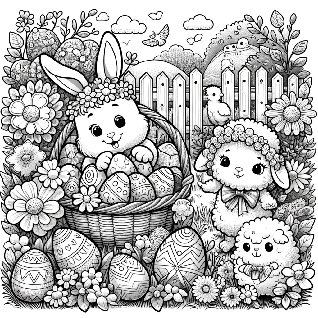 Hase im Korb mit verzierten Ostereiern, Lamm und Blumen