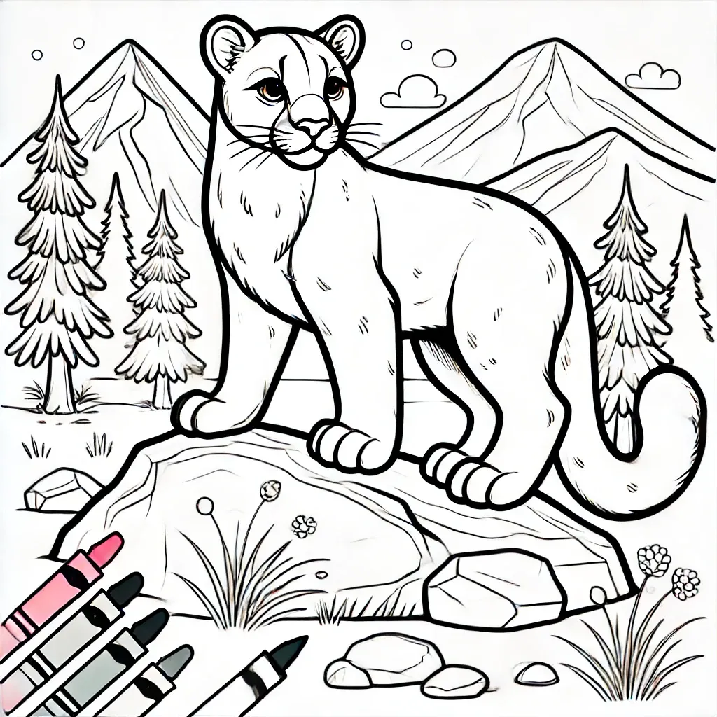 Puma steht selbstbewusst auf Felsen vor Bergen und Kiefern